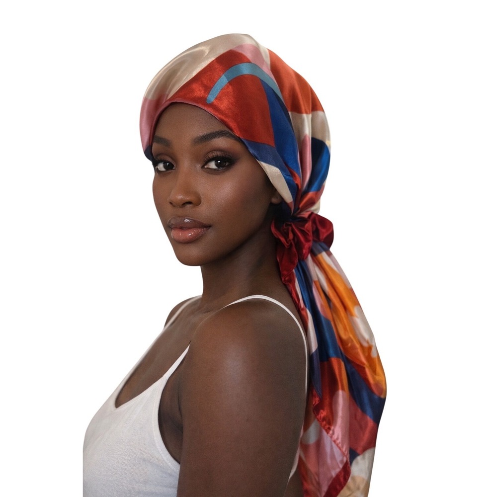 Retro Abstract Floral Satin Head Scarf Elastic Back Hair Wrap Multi Color